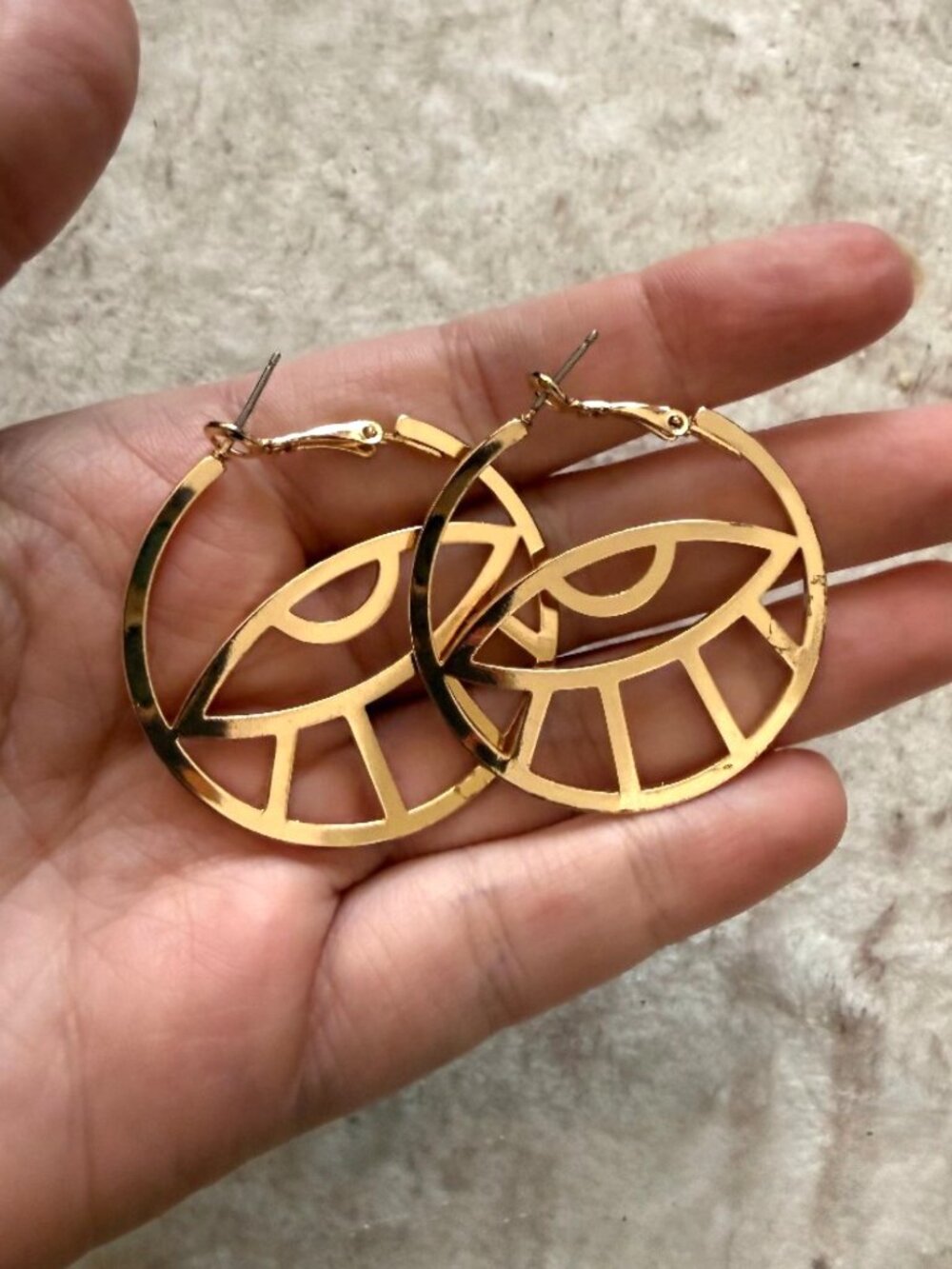 Gold Abstract Eye Hoop Earrings | Statement Cutout Design | Trendy Boho Minimal - Picture 2 of 3